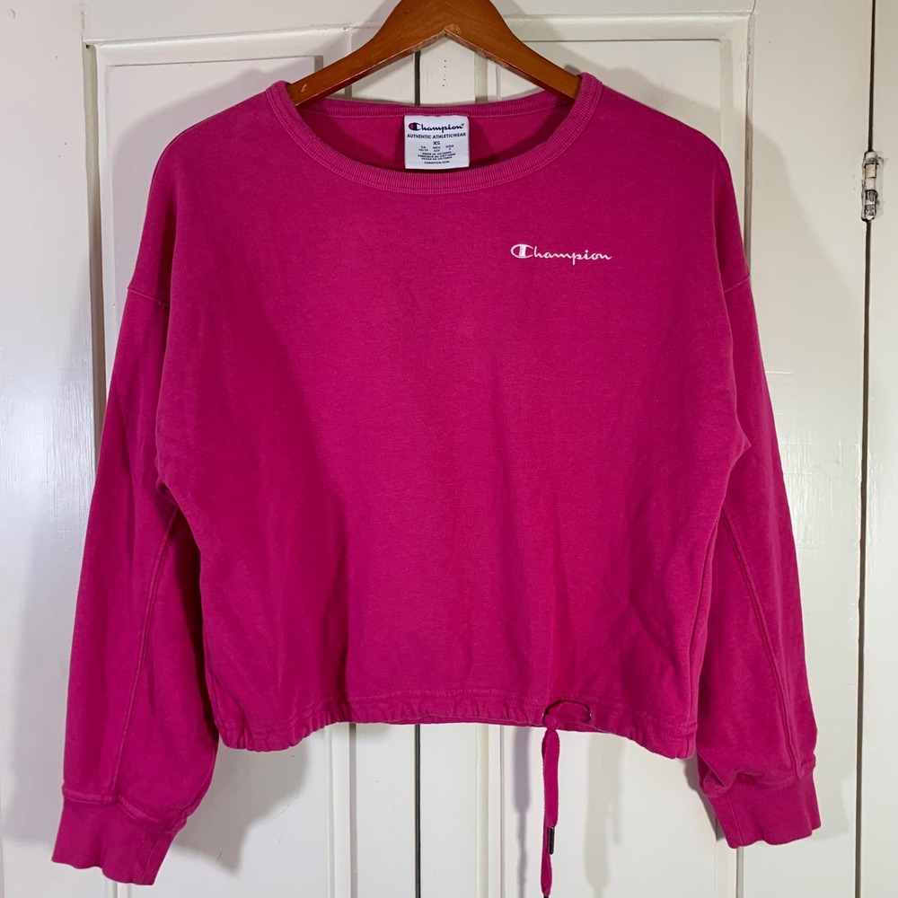 Champion Womens Hot Pink Cinch Hem Crewneck Sweatshirt XS Embroidered Logo‎